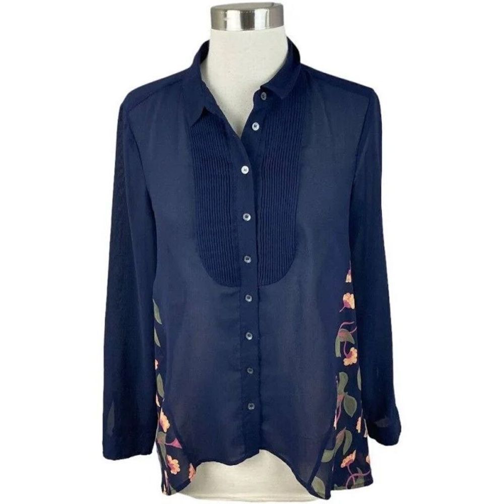✨Anthropologie Maeve Ira Navy Blue Pleat Front Floral Hi Low Button Sz 8 Blouse✨ - Picture 5 of 14